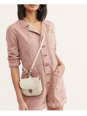 RARE!! Free People Elaine Pink Shortalls Long Sleeve Button Front Romper Sz L